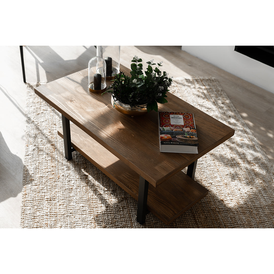 Massief Houten Natuurlijke Salontafel Met IJzeren Frame 2-Laags Tafel  Pochon